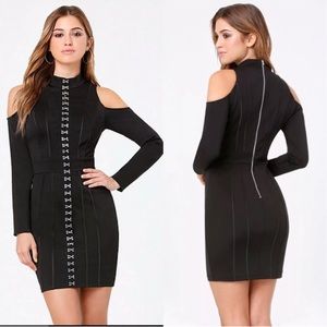 BEBE BLACK HOOK & EYE MOCK NECK COLD SHOULDER PONTE DRESS NEW NWT $159